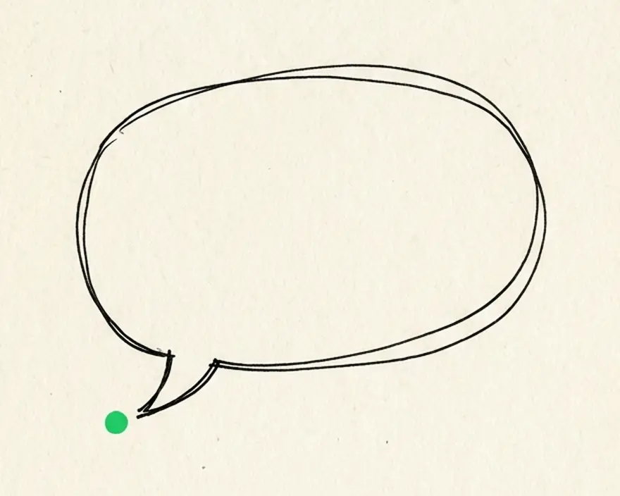 Ink sketch of an empty speech bubble with a green dot at its tail