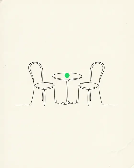 Ink sketch of two chairs facing each other across a small round table with one green dot on it
