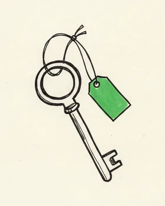 Ink sketch of an old key on a string with a blank green tag