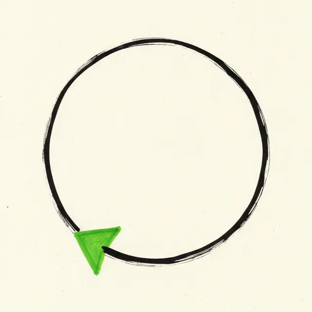 Ink sketch of an arrow looping back around to its own start, the arrowhead in green