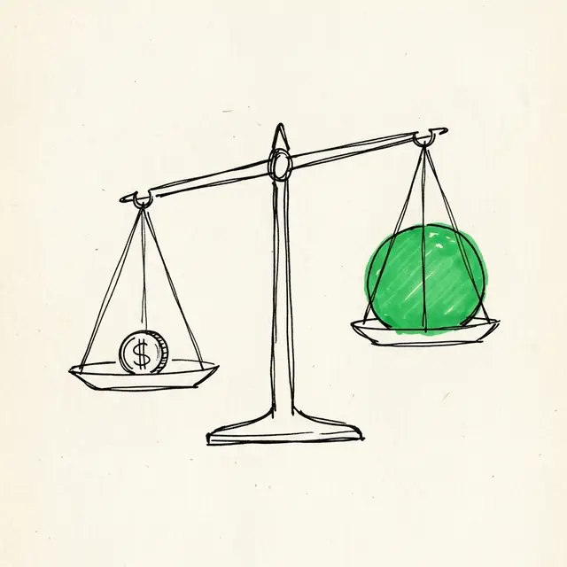Ink sketch of a balance scale, a small coin on one side outweighed by a large green circle on the other